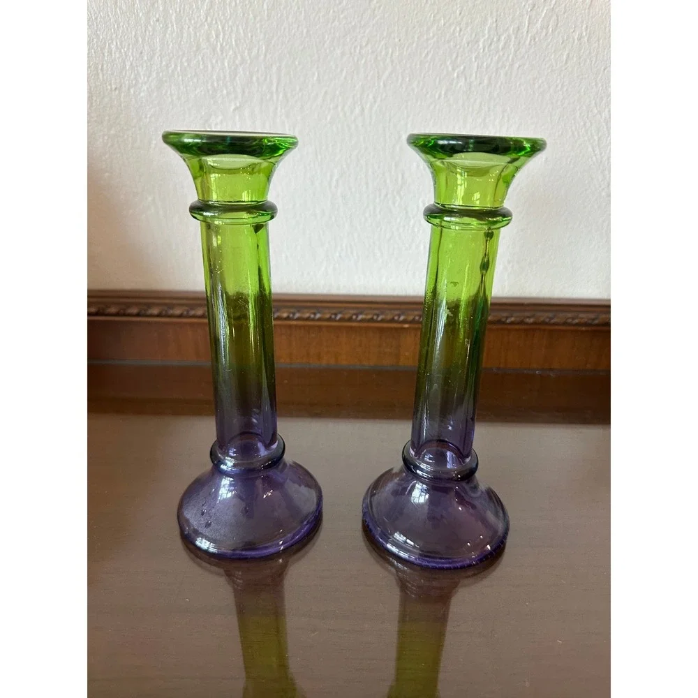 Vintage Two Tone Green and Purple Ombre Glass Taper Candle Holders Pair 8''
